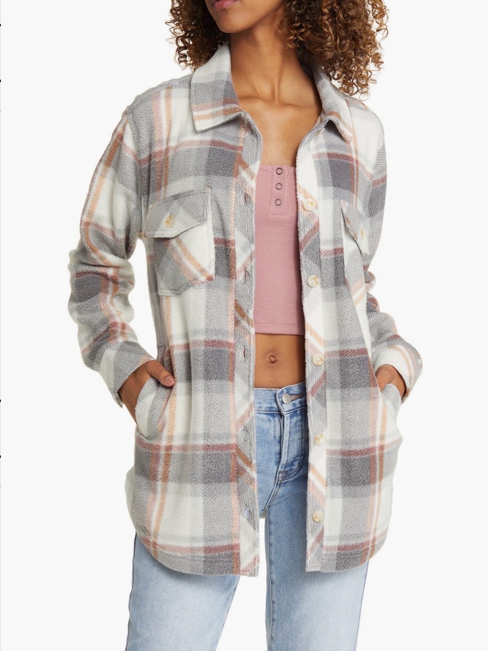 Thread & Supply Plaid Shacket in Gray, Taupe & Pink